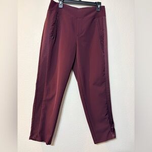 Athleta Endless Satin Stylish Burgundy Travel Casual Pants Side Satin Stripe. 10
